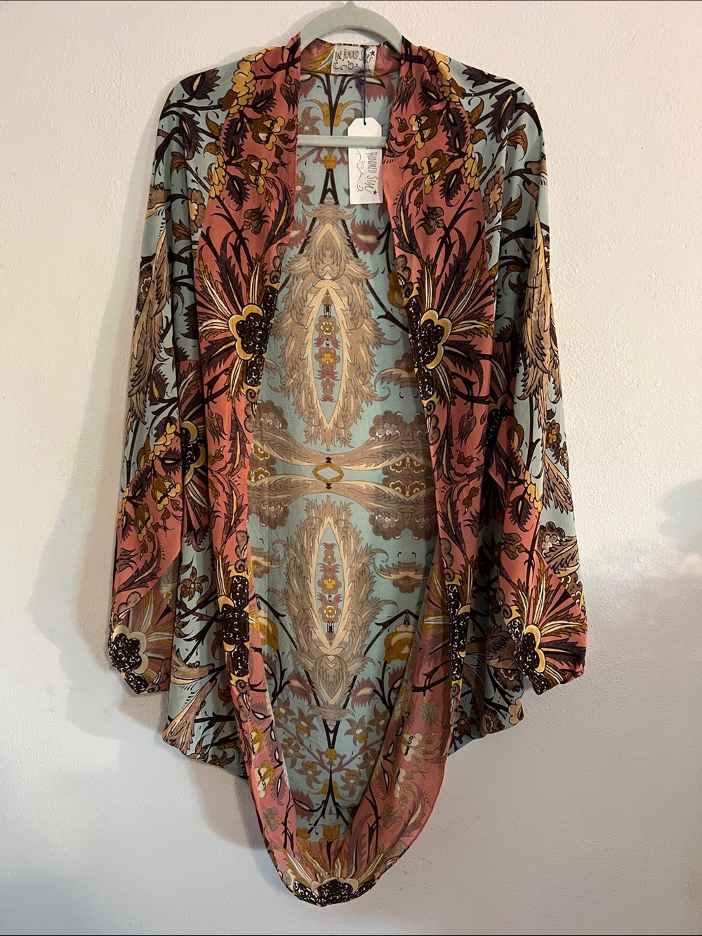 One Hundred Stars Boho Shrug in Decadent Aqua - NWT One Size Open-Front Floral